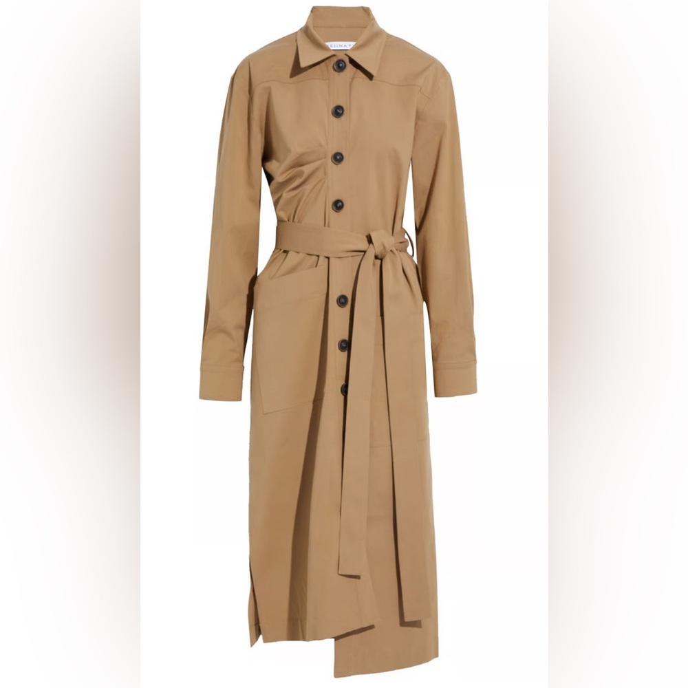 New REJINA PYO Madison Belted Pleated Gabardine Midi Trench Dress Size Small
